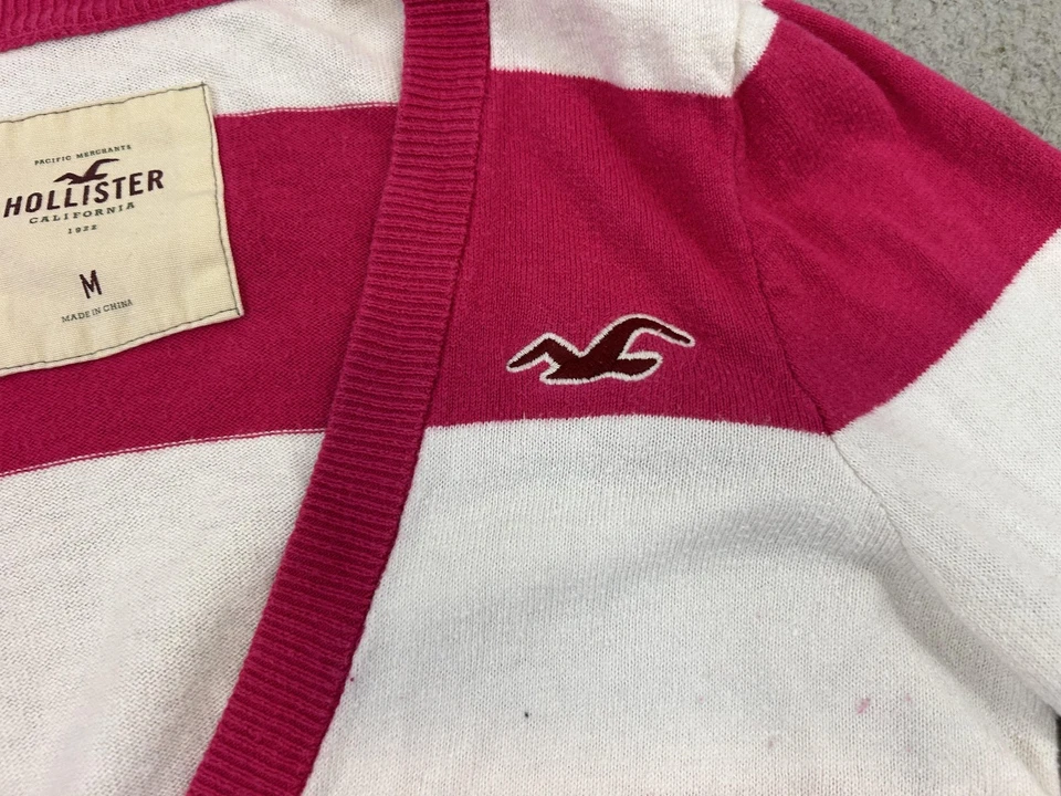 Suéter Y2K Hollister Mujer Mediano Rosa Blanco Rayas Cárdigan Cuello en V Bolsillos Foto 4 de 4