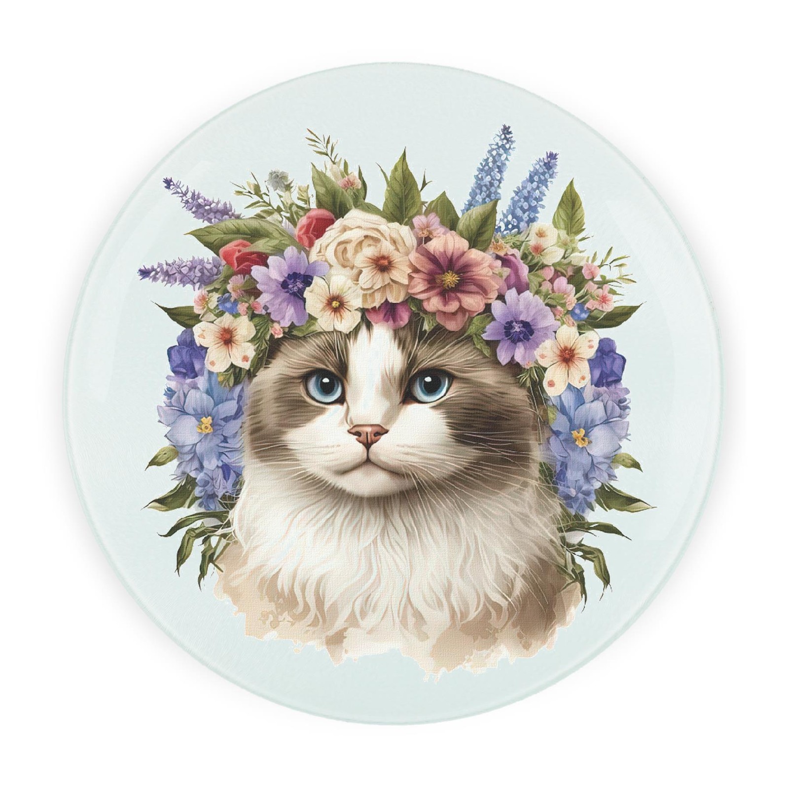 Purely Home Floral Cat Round Worktop Protector - Textured Glass Chopping Board - Purple - Image 2
