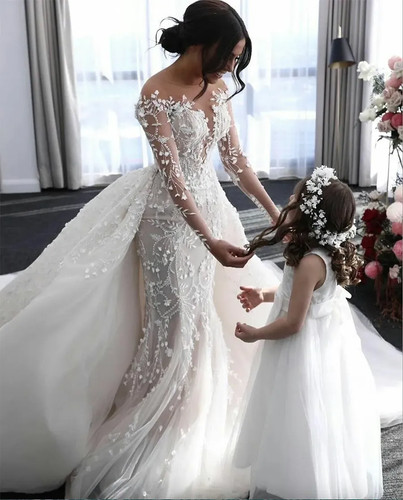 Abiti da sposa sexy sirena pizzo applicazioni tulle staccabili treno abiti da sposa - Foto 2 di 7
