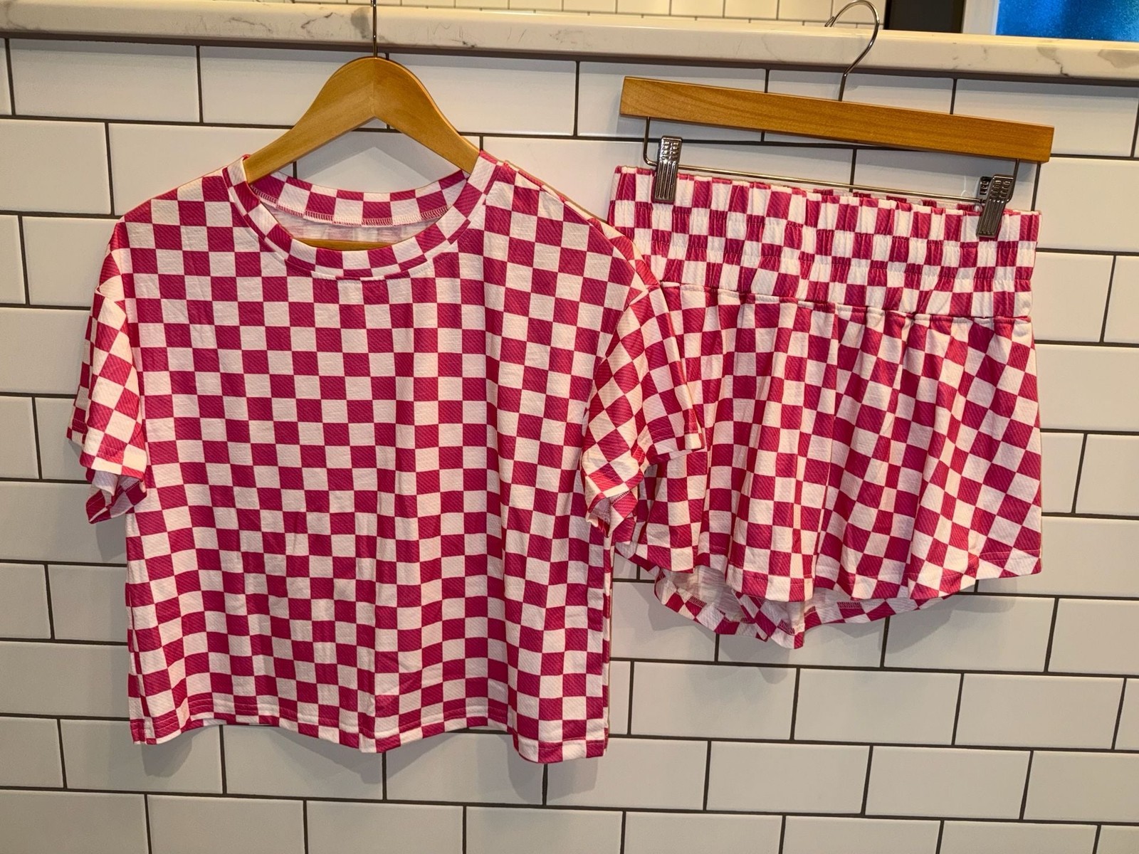Pink and White Checkerboard Crop Top and Skort 2-Piece Set small new