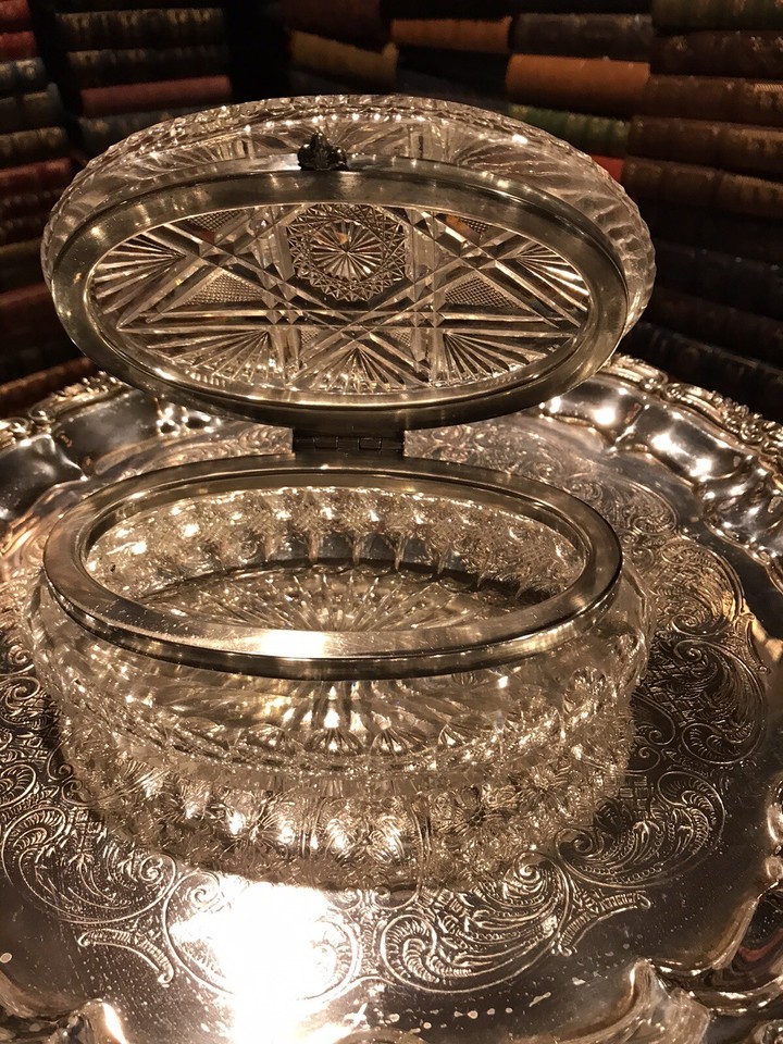 VINTAGE CUT GLASS HINGED JEWELRY BOX SILVER TRAY, 2 CUT BOTTLES