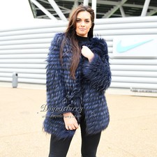 New Dyed Raccoon Fur Lady Coat, Real Fur Coat, Real Fur Jacket In Navy