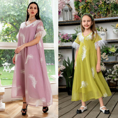 Fashion Women Kids Girls Matching Outfits Short Sleeve Long Dress Kaftan Robe