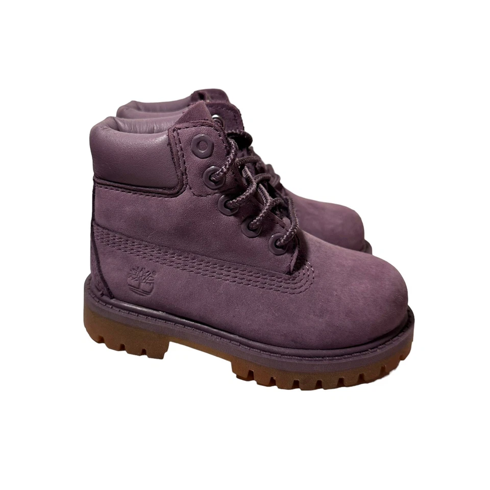 Timberland 学步儿童女孩 6 码皮革 Primaloft 紫色防水靴 系带 — 第 2/4 张图片