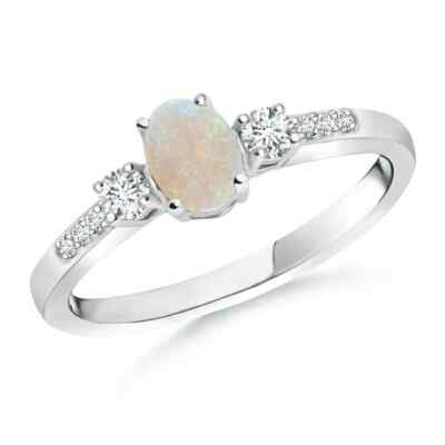 ANGARA Classic Oval Opal and Diamond Three Stone Ring in 14K Gold