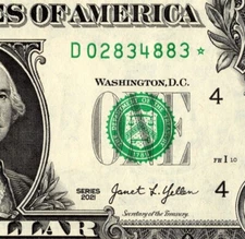 2021 D Star note Fancy Serial Number Regular Run 1 of 3