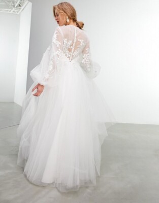 LUNA EMBROIDERED WEDDING DRESS WITH BLOUSON SLEEVE AND MESH SKIRT | eBay