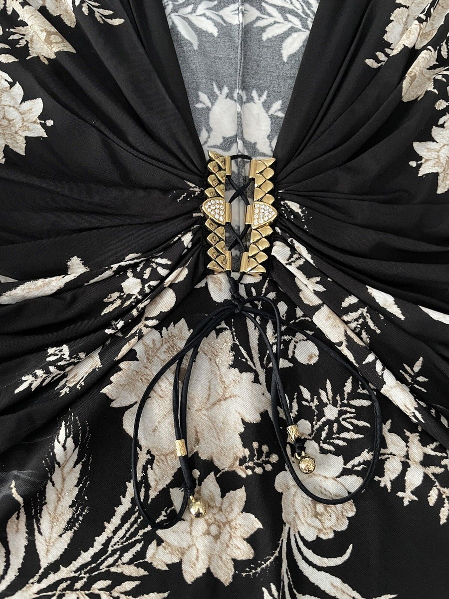 Roberto Cavalli 42 black Floral Jeweled Lace Up Long Sleeve