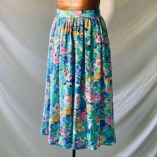 Vintage 80s Green / Pink / Yellow / Blue Floral High Waist Flowy Skirt