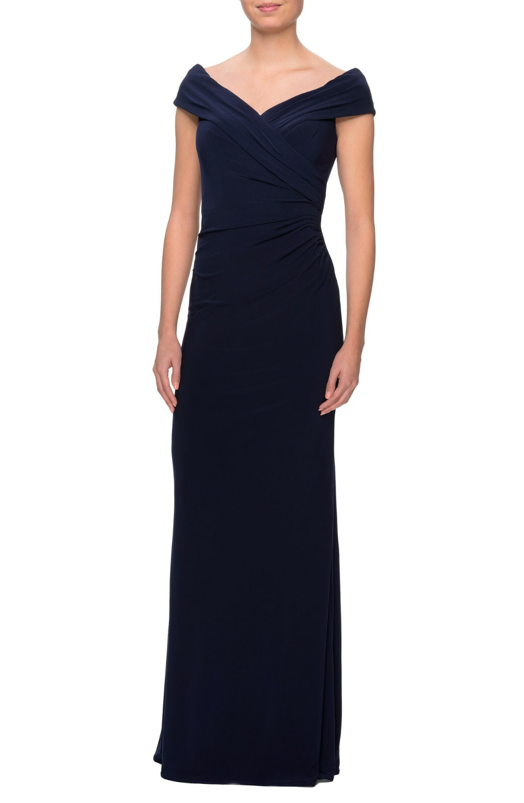 La Femme Ruched Surplice Jersey Gown, Size 12 18 in Navy