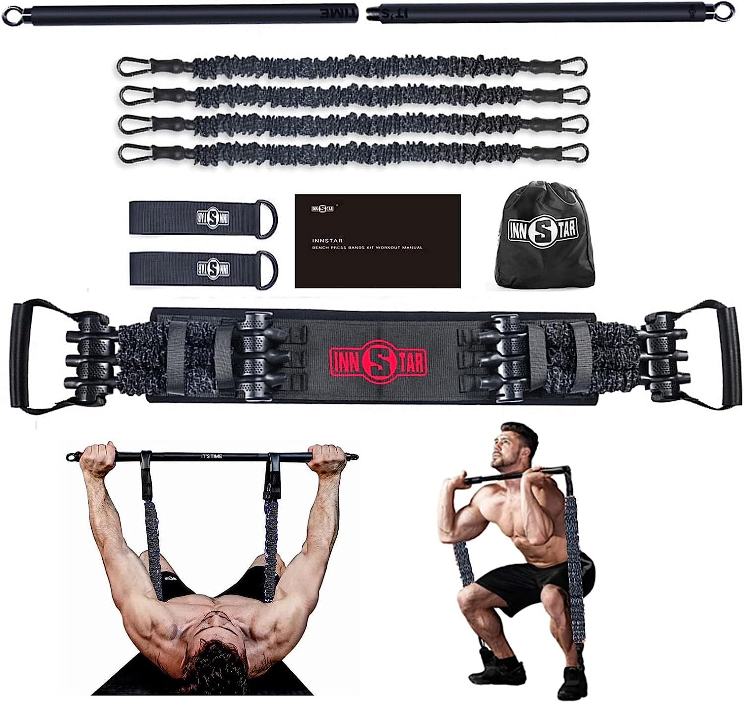 Innstar Resistance Bands Bar Black Set Home Gym Bench Up Press Squats
