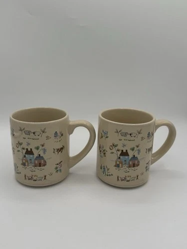 Heartland Stoneware Mugs Set Of 2 Vintage Farmhouse Scene Japan