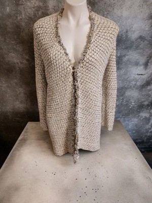 Chico's 0 Women's Open Front Gretchen Cardigan Ivory Gold Texture Knit Metallic
