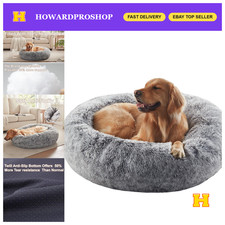 36" Faux Fur Fluffy Donut Dog Bed for Large Dogs - Cozy Dark Grey Pet Cushion