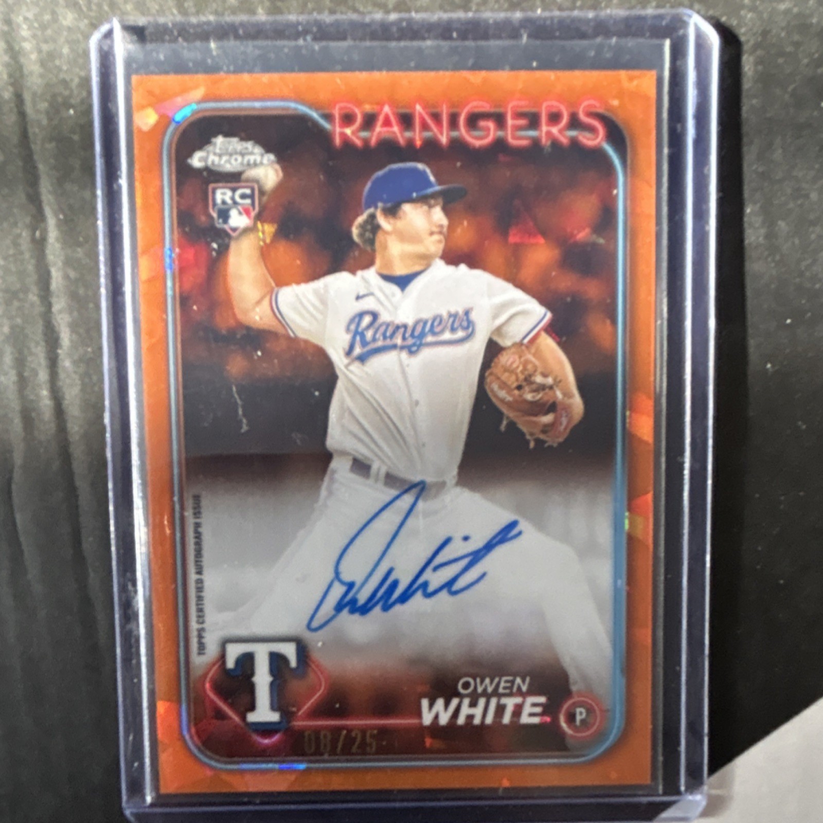 2024 Topps Chrome Sapphire Owen White Texas Rangers Orange Auto RC /25
