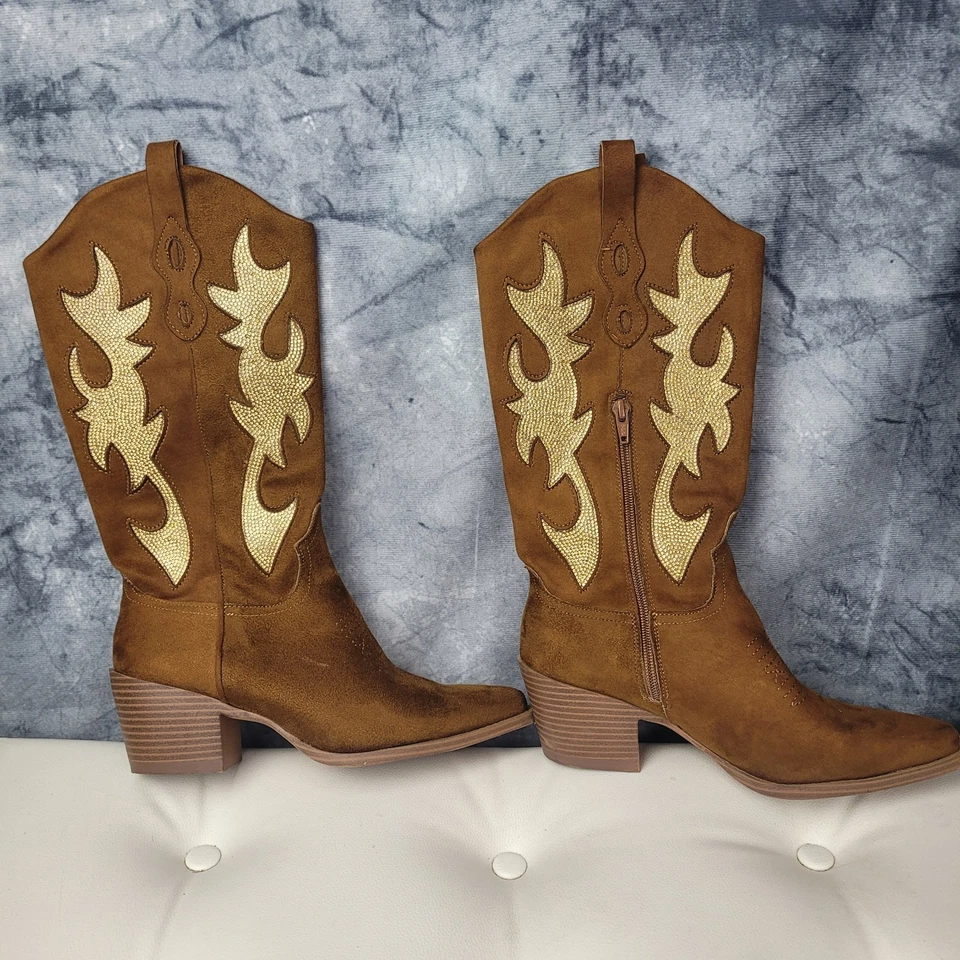 Wild Pair Botas Vaqueras Mujer Talla 8M Gamuza Lucahf Marrón Dorado Bling Foto 2 de 4