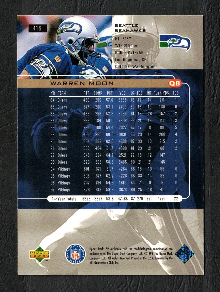 1998 Upper Deck SP Authentic Card #116 Warren Moon – Seattle Seahawks A3117 - Image 2 of 2