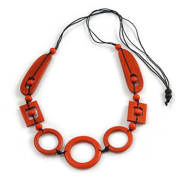 Long Geometric Orange Painted Wood Bead Black Cord Necklace - 100cm Max/
