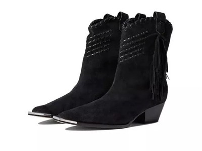Schutz Alexxa Black Suede Western Bootie w/ Fringe, Leather & Metal  - 8.5B