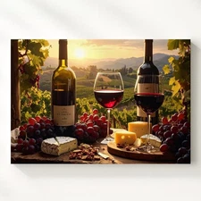 Rustic Wine & Cheese Canvasvineyard Still Life In Golden Light Wall Art