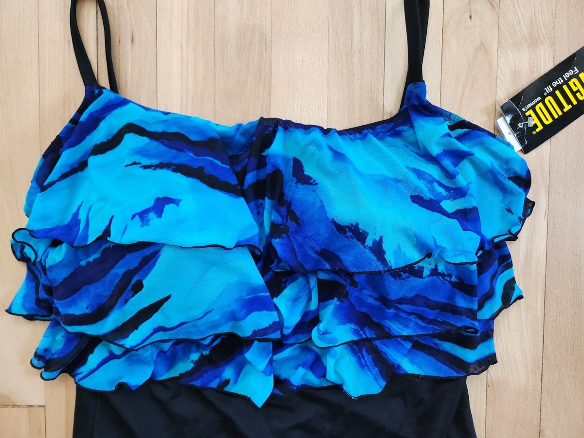 NEW Longitude 22W Blue Abstract Black Ruffle Tier Top One Piece
