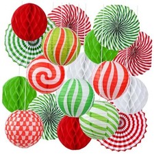 18 Pcs Christmas Paper Lanterns Set Candy Canes Peppermint Paper Fans Xmas