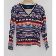 Chaps Denim Multicolor Aztec Southwestern Cotton Henley Shirt Sz M Runs Small