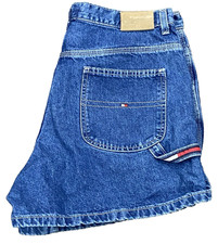 VTG Tommy Hilfiger Carpenter Shorts 14 Blue Jorts Flag Loop Womens Y2K Logo EUC