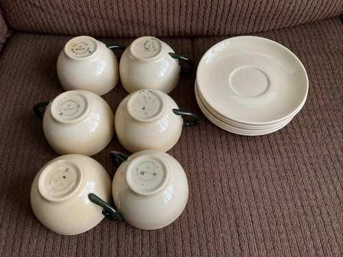 “Poppytrail by Metlox Made In California” 6 Teacups 6 Saucers “ Green Rooster