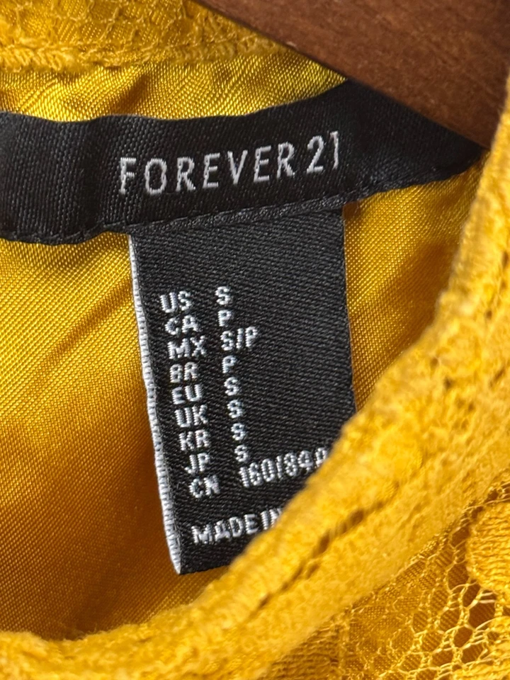 Forever 21 Crochet Floral Lace Mini Shift Dress S Yellow Boho Western Festival - Image 4 of 4