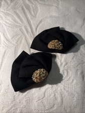 Pair Of Vintage Black Fabric Bow Hair Clips With Rhinestone Accents