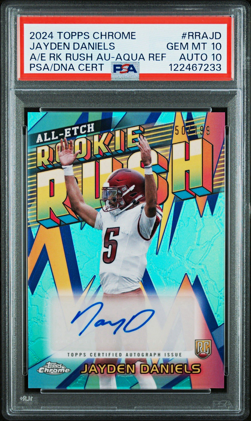 2024 Topps Chrome JAYDEN DANIELS AQUA ROOKIE REFRACTOR /199 DOUBLE PSA 10