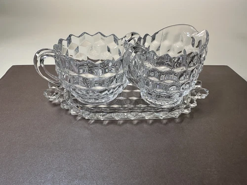 Vintage Fostoria American Diamond Cube Pattern Creamer and Sugar Set with Tray