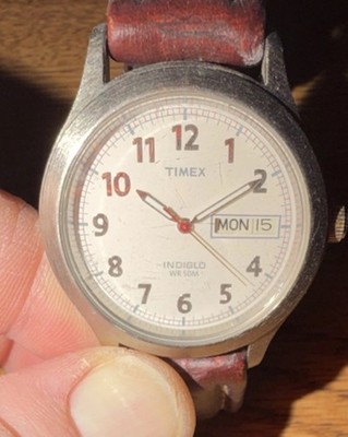 Timex Indiglo Quartz Men's Watch Silver Case Brown Leather Band Day-Date