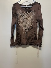 Affliction Women's “Majestic Cross” Brown Tie-Dye Lace-Up Long Sleeve Top Sz XXL