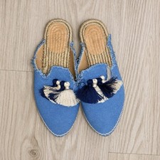Blue Canvas Tassel Espadrille Mule Slides Size 38 Boho Coastal Summer