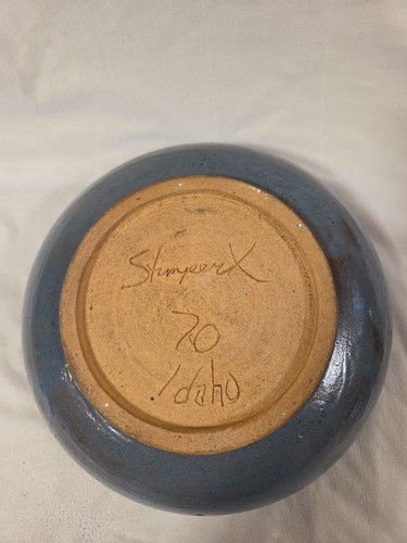 Vintage Studio Pottery Stoneware Bowl with Lid Signed Blue Brown Rim Year 1970 - Picture 11 of 11