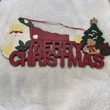 Merry Christmas Wood Hanging Wall Sign Plaque With Red Glitter Green 15.5 X 6.5