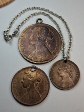 1863 Great Britain Penny Pendant, 1876 H Half Penny, 1875 H Farthing W/ Chain