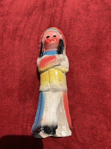 Vintage Native American with Head Dress Chalkware Statue 9” Tall Dated 1952 - Picture 6 of 12
