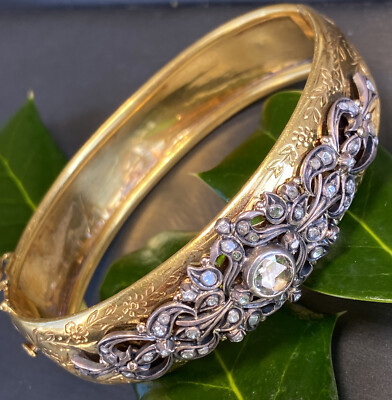 Rose-Cut Diamond 18K Yellow Gold Silver Scrolls Antique Style