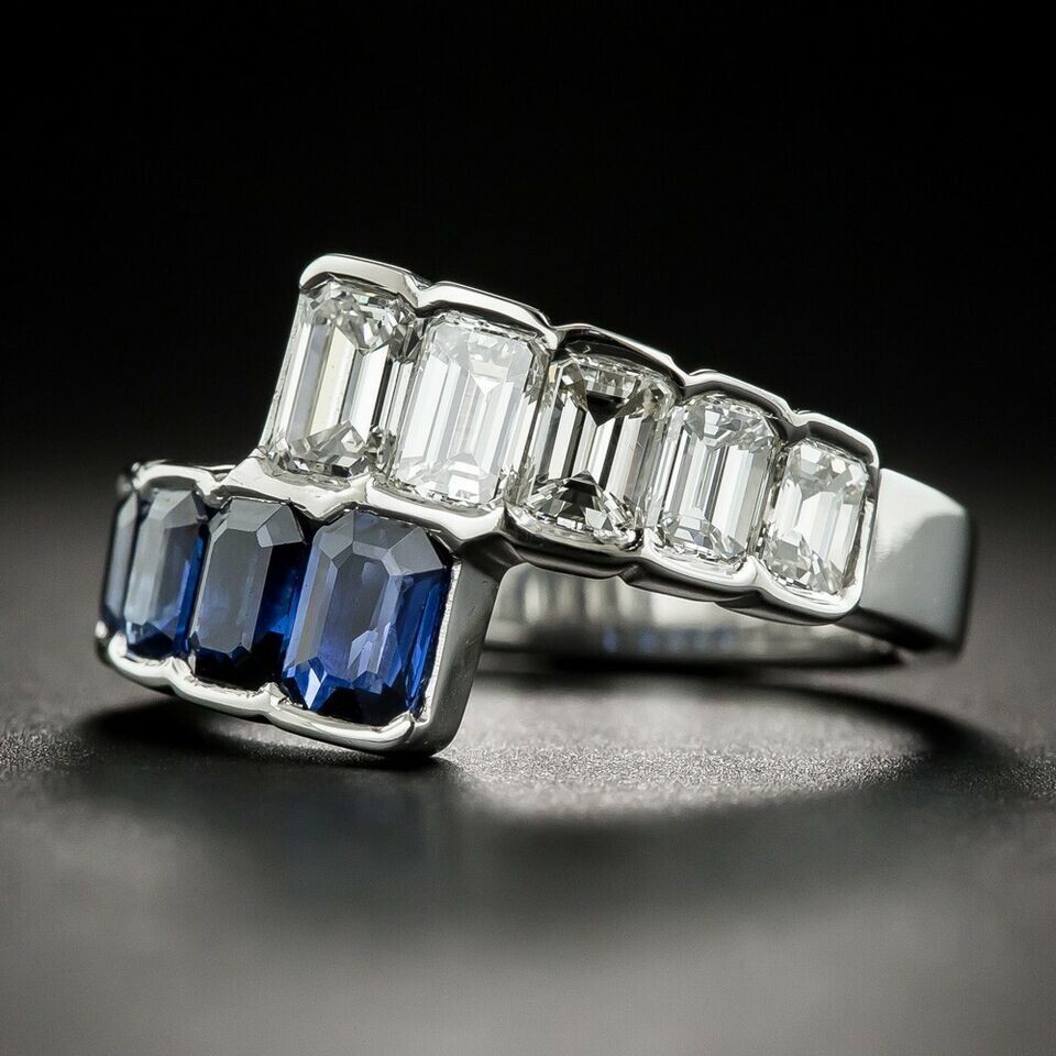 925 Sterling Silver Emerald Cut 4CT Sapphire & Shiny White CZ Women ...