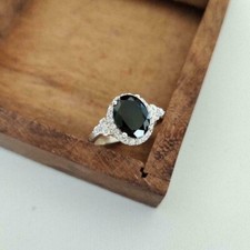 3.00Ct Oval Cut Black Onyx  Lab-Created Diamond Halo Engagement Ring 925 Silver