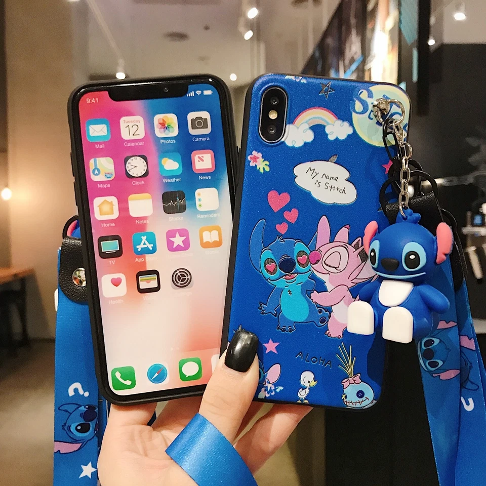 For iPhone Samsung Huawei Cartoon Stitch Doll Stand +Strap Girl Phone Case Cover - Image 4 of 4