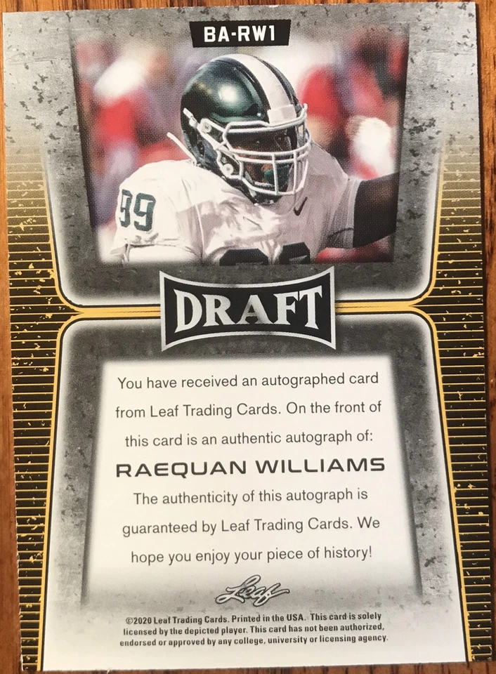 2020 Leaf Draft Flash Autographs GOLD Raequan Williams #BA-RW1 Michigan State - Image 2 of 2