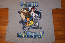 Vintage 90s LOONEY TUNES WB TAZ TWEETY Gray Mens M TShirt USA C'MON GET HAPPY 