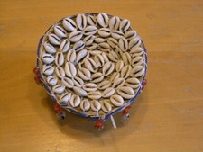 Vintage African Cowrie Shell on Small Basketry Bowl 5" D , 3" H