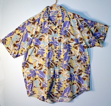 Vintage L.L. Bean Yellow  Blue Hibiscus Flowers Hawaiian Shirt Size Large