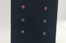 Pink Blue Green 3 Pairs Silver Tone Crystal Stud Fashion Earrings Post Pierced