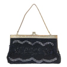 Vintage Black Floral Beaded Handbag Kiss Clasp Chain Handle Clutch Small Purse